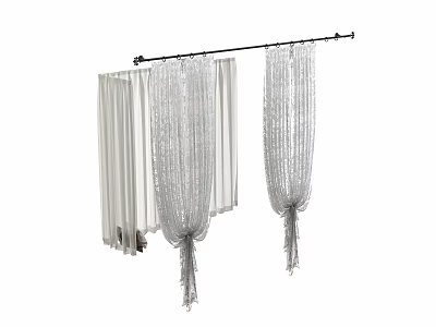 Elegant White Beaded Curtains With Tassel Design Hanging On Metal Curtain Rod 3d model