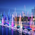 Garden Water Fountains with Colorful Lights and Water Jets Reflections at Night