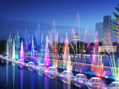 Garden Water Fountains with Colorful Lights and Water Jets Reflections at Night 3d model