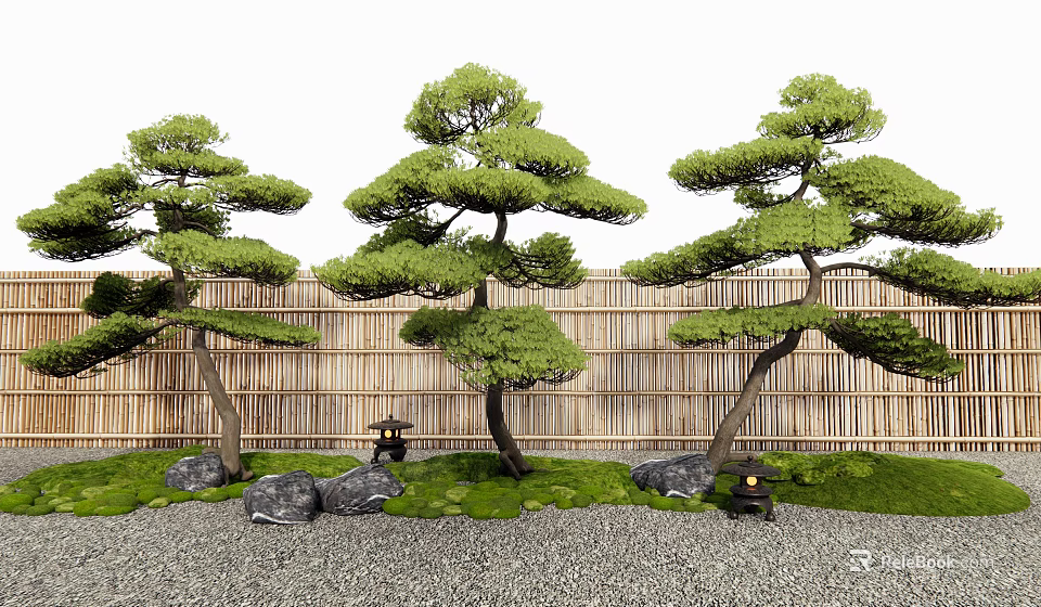 Traditional Japanese Garden Featuring Sculpted Pine Trees Bamboo Fence And Stone Lanterns 3d model 
