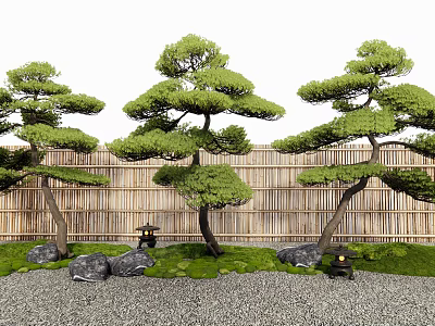 Traditional Japanese Garden Featuring Sculpted Pine Trees Bamboo Fence And Stone Lanterns 3d model