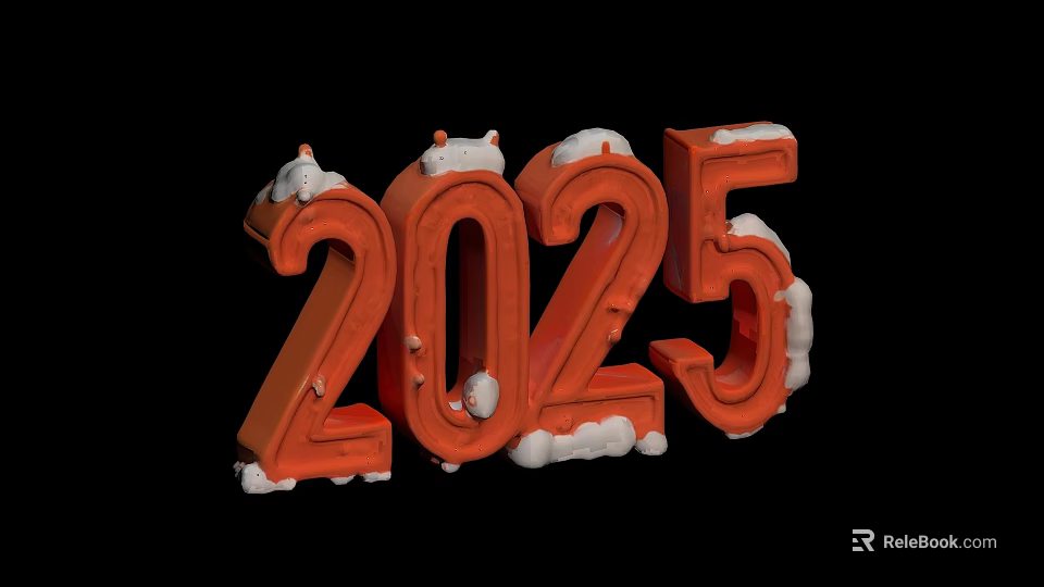3D Orange 2025 Numbers With Snow Covered Details On Black Background 3d model 