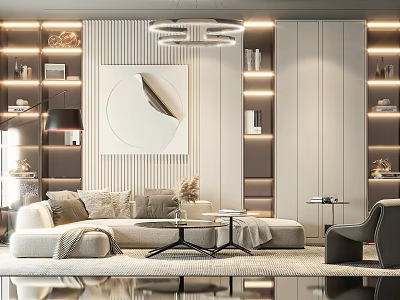 Modern Living Room Interior With Beige Sofa Coffee Table Circular Chandelier And Lit Bookshelves 3d model