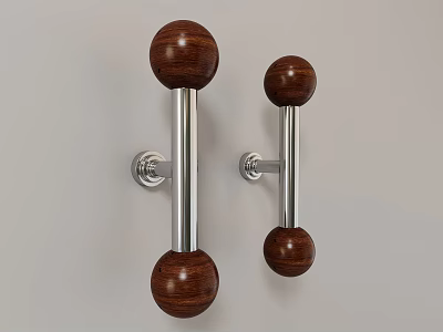 Stylish Door Handles With Brown Wooden Balls And Silver Metal Bars Design 3d model