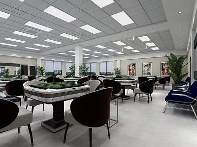 Hotel Mahjong Room Interior With Multiple Tables Comfortable Chairs Green Plants Large Windows And Bright Lighting 3d model