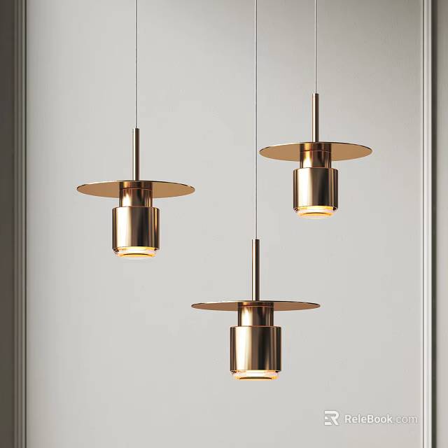 Three Modern Metallic Pendant Lights With Circular Base And Cylindrical Body Hanging In White Background 3d model 