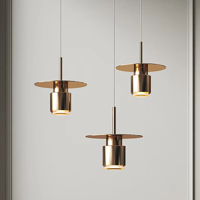 Three Modern Metallic Pendant Lights With Circular Base And Cylindrical Body Hanging In White Background 3d model