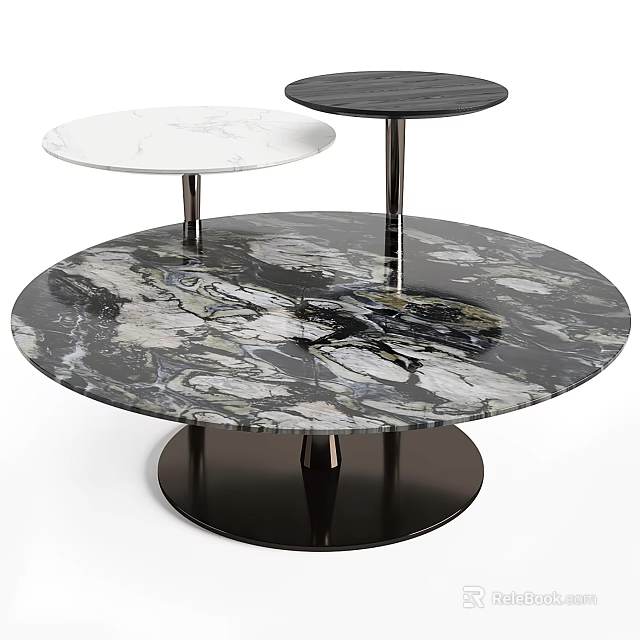 Modern Multi Tiered Marble Coffee Table With Black And White Veined Top And Metal Base 3d model 