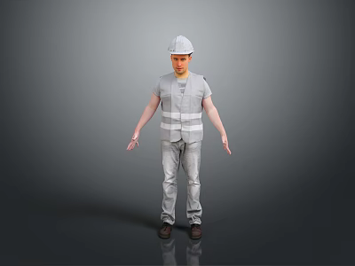 Construction Worker In Safety Helmet Reflective Vest And Gray Clothing Standing On Gray Background 3d model