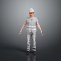 Construction Worker In Safety Helmet Reflective Vest And Gray Clothing Standing On Gray Background
