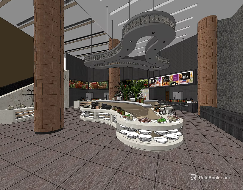 Elegant Restaurant Interior With Brown Columns Circular Buffet Counters And Green Plants 3d model 
