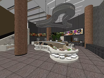 Elegant Restaurant Interior With Brown Columns Circular Buffet Counters And Green Plants 3d model