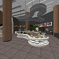 Elegant Restaurant Interior With Brown Columns Circular Buffet Counters And Green Plants