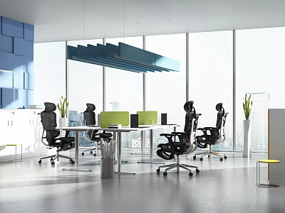 Contemporary Office Desk With Black Office Chair Green Partition Floor To Ceiling Window City View 3d model