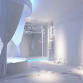 Enchanting Hotel Room With Purple Curtains White Bathtub Green Grass And Stone Path