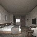 Modern Hotel Room Interior With TV Sofa Bed Window Curtains And Gray Floor