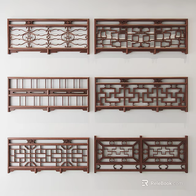 Traditional Wooden Railings with Intricate Carved Patterns and Various Classic Designs 3d model 
