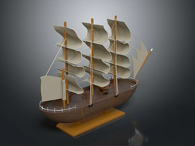 Wooden Sailing Ship Model With Multiple White Sails On Display Base 3d model