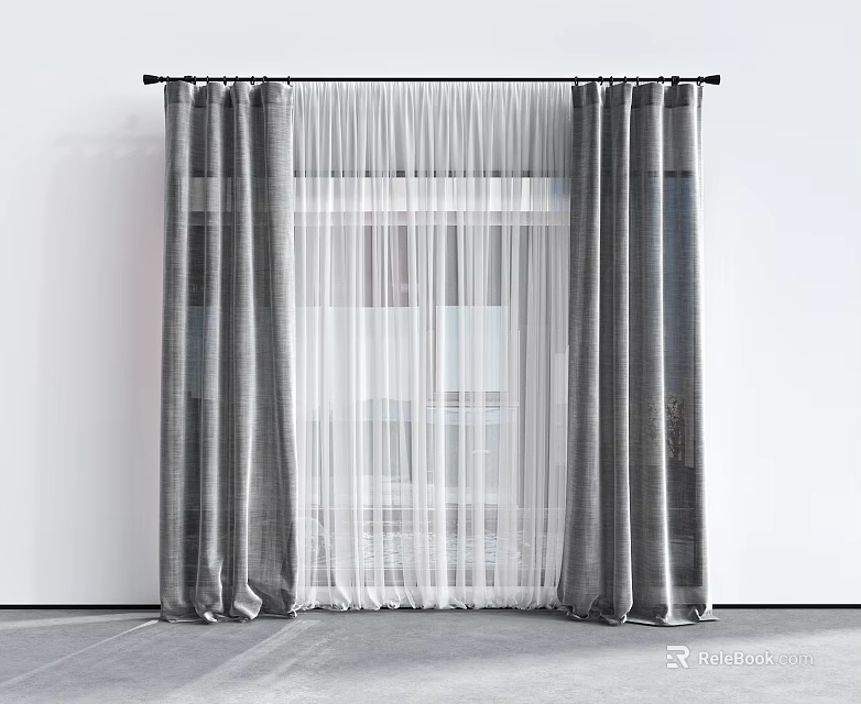 Modern Double Layer Curtain Design With Gray Outer And White Sheer Textured Fabric For Window 3d model 
