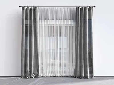Modern Double Layer Curtain Design With Gray Outer And White Sheer Textured Fabric For Window 3d model