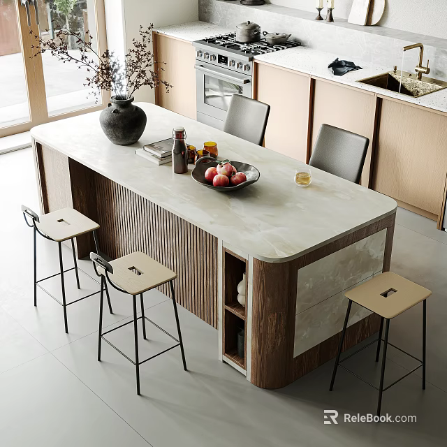 Modern Dining Table Set With Marble Top Stools Fruit Bowl And Kitchen Cabinets 3d model 