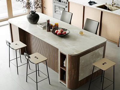 Modern Dining Table Set With Marble Top Stools Fruit Bowl And Kitchen Cabinets 3d model