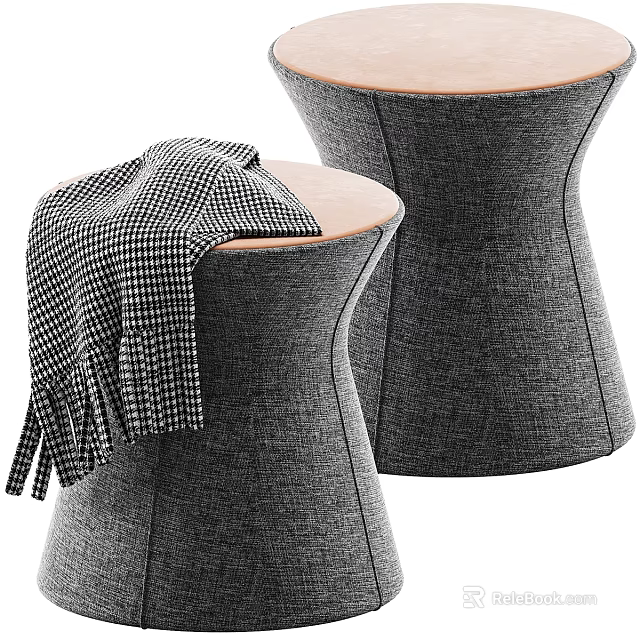Modern Desk With Grey Upholstered Stools And Black White Check Blanket 3d model 