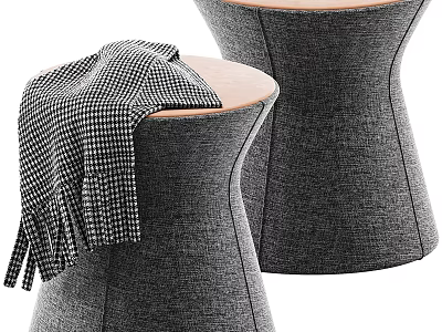 Modern Desk With Grey Upholstered Stools And Black White Check Blanket 3d model