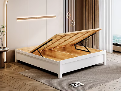 Double Bed With White Frame Open Slatted Base Storage Space Wooden Floor Curtains And Rug 3d model