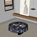 Round Marble Coffee Table in Modern Living Room With Rug Painting And Wooden Shelf