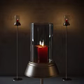 Elegant Candle Lamp With Red Candle Transparent Glass Cover Metal Base And Dark Background