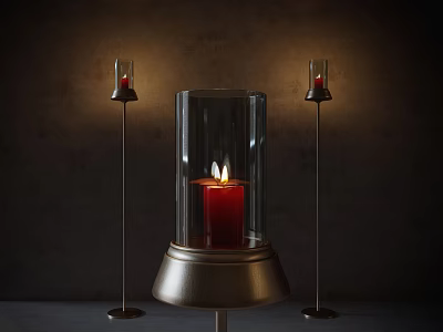 Elegant Candle Lamp With Red Candle Transparent Glass Cover Metal Base And Dark Background 3d model