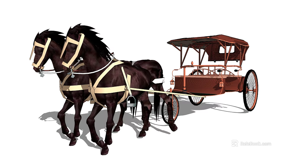 Horse drawn carriage with canopy pulled by two brown horses and wooden wheels 3d model 