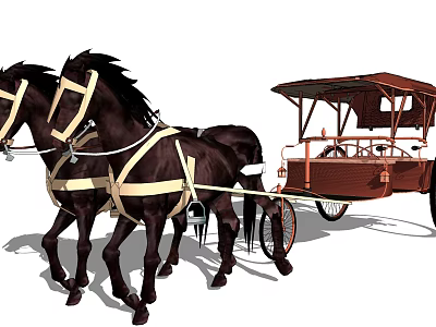 Horse drawn carriage with canopy pulled by two brown horses and wooden wheels 3d model