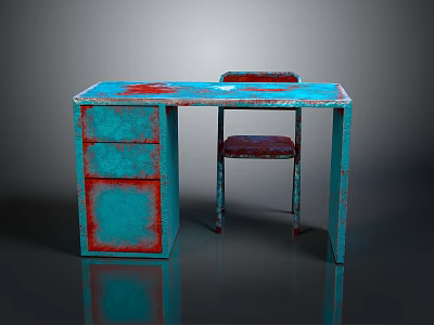 Vintage Distressed Desk And Chair With Turquoise Red Finish Drawer Metal Legs Upholstered Seat 3d model
