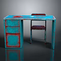 Vintage Distressed Desk And Chair With Turquoise Red Finish Drawer Metal Legs Upholstered Seat