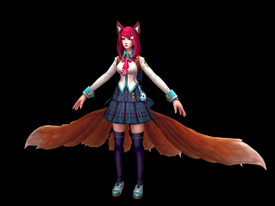 Anime Character With Red Hair Fox Ears Long Tail Plaid Skirt White Top And Sneakers 3d model