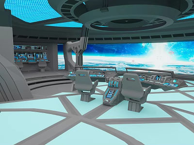 Futuristic Spaceship Control Room With Panoramic Space View And Advanced Consoles 3d model