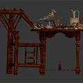 Traditional Red Wooden Table And Chair Set With Decorative Items Teacups Jars And Fruits