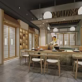 Japanese Restaurant Interior Design With Sushi Bar Chef And Wooden Seating Decor