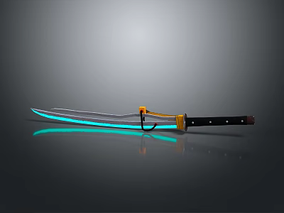 Katana With Blue Glowing Blade Yellow Black Handle On Gray Background Reflection 3d model