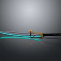Katana With Blue Glowing Blade Yellow Black Handle On Gray Background Reflection