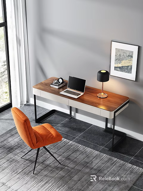 Modern Wooden Desk With Laptop Table Lamp And Orange Chair In Natural Light 3d model 