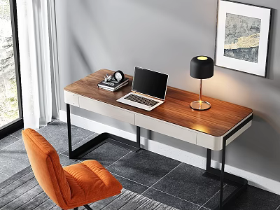 Modern Wooden Desk With Laptop Table Lamp And Orange Chair In Natural Light 3d model