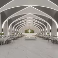 Elegant White Banquet Hall Interior With Arched Ceiling Marble Floor And Arranged Tables