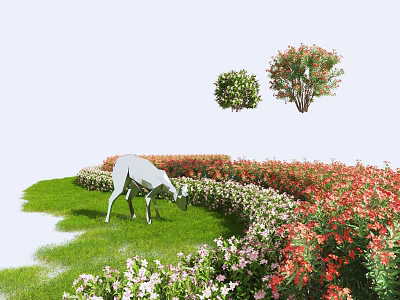 Vibrant Flowering Shrubs in Lush Lawn with Grazing Animal and Colorful Blooms 3d model