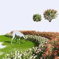 Vibrant Flowering Shrubs in Lush Lawn with Grazing Animal and Colorful Blooms