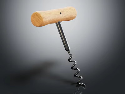 Classic Wooden Handle Corkscrew With Metal Spiral For Wine Bottles 3d model