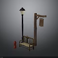 Outdoor Street Scene With Street Lamp Wooden Bench Red Fire Hydrant And Hanging Bucket