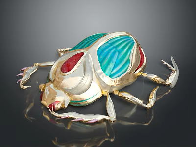 Decorative Scarab Beetle Ornament Gold Plated With Blue Red Enamel Accents 3d model